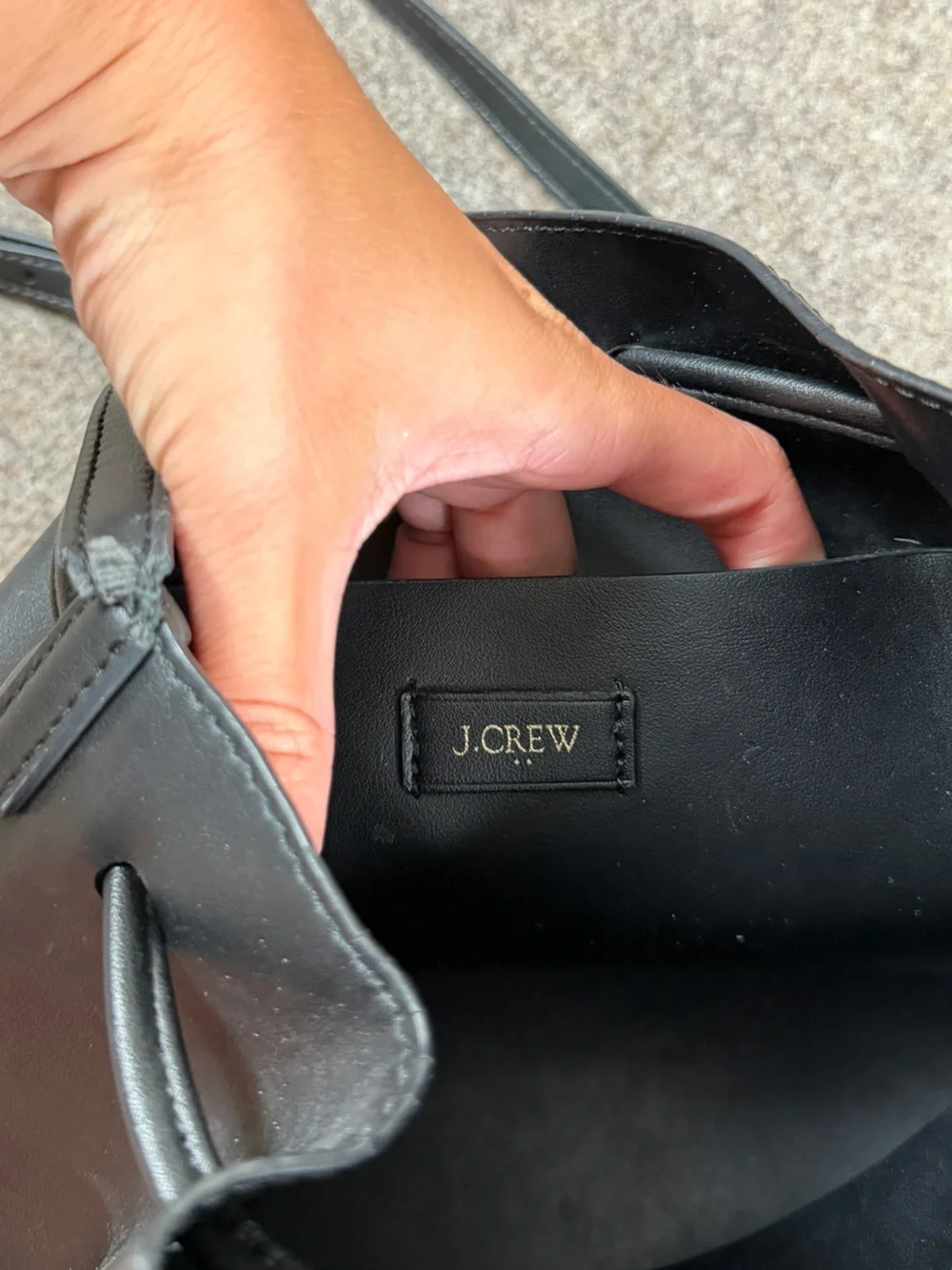 J Crew Black Faux Leather Bucket Bag Shoulder Crossbody Fringe Drawstring